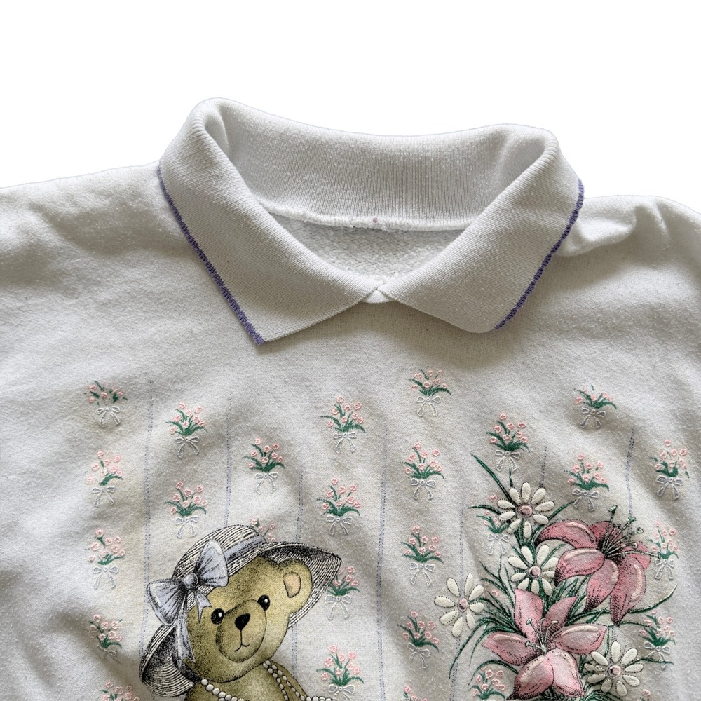 Vintage White Teddy Bear Tea Party Graphic Sweatshirt Polo Collar Women Large - Picture 3 of 8
